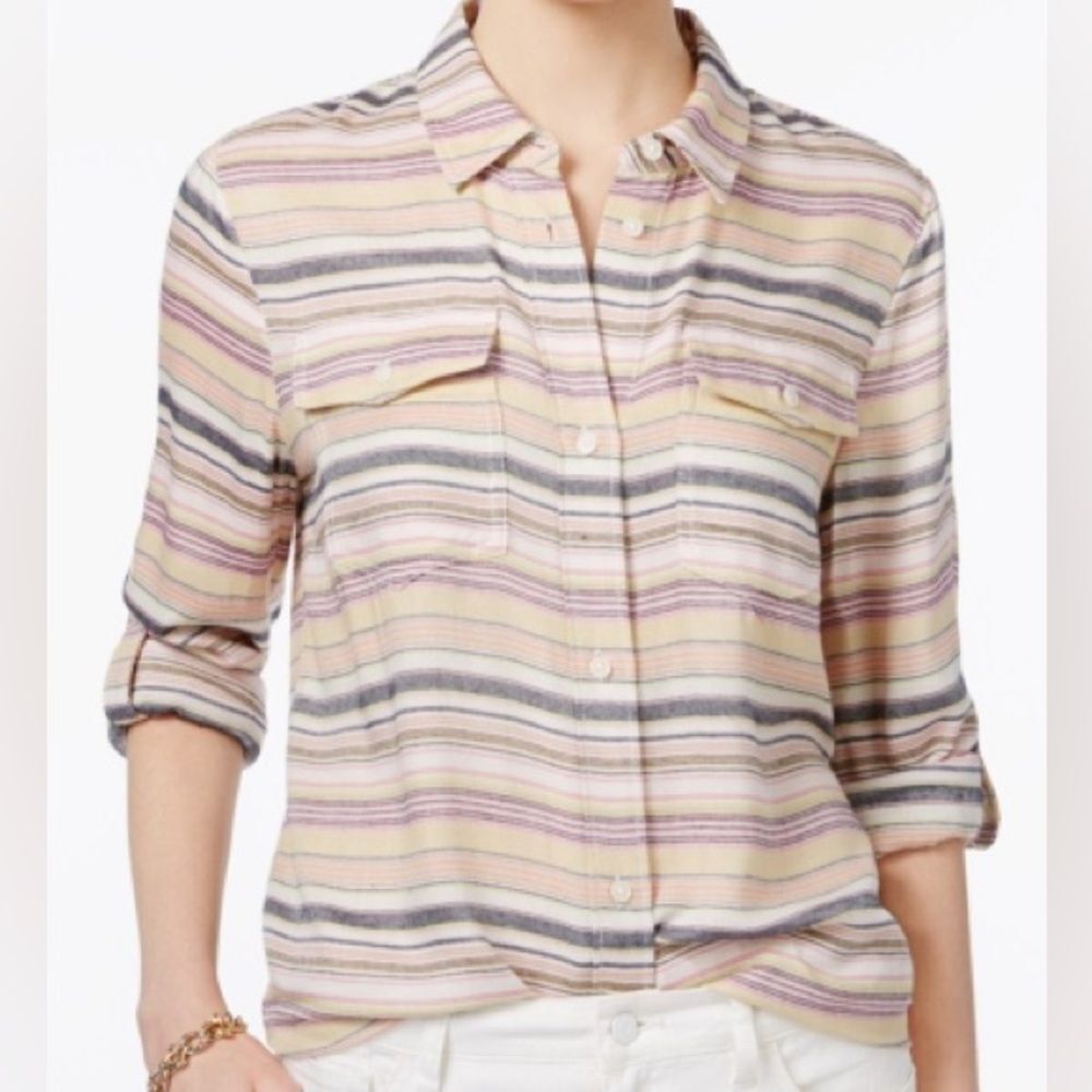 Tommy Hilfiger Stripe Rayon Shirt Pink Grey Yellow Button Down Soft Top